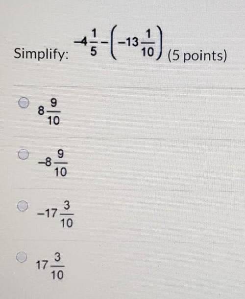 Simplify: -4 1/5 - (-13 1/10)