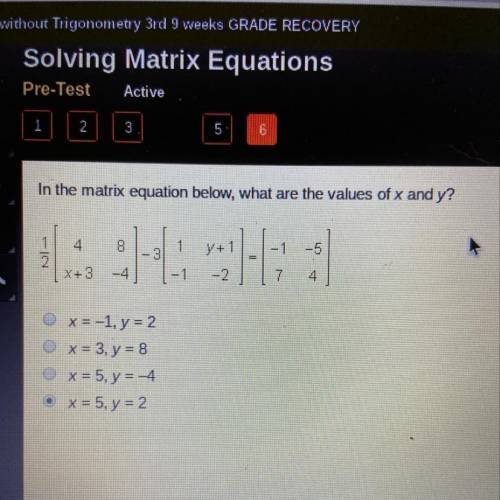 In the matrix equation below, what are the values of X and Y? WILL GIVE BRAINLIEST!!!