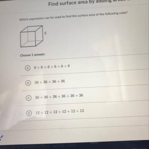Which expression can be used to find the surface area of the following cube?