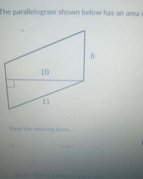 The parallelogram shown below has an area of 60 units.HUFFind the missing base.WWWunitsPLEASE HELP I
