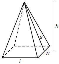 In the rectangular pyramid below, l = 16 inches, w = 12 inches, and h = 15 inches  What is the lengt