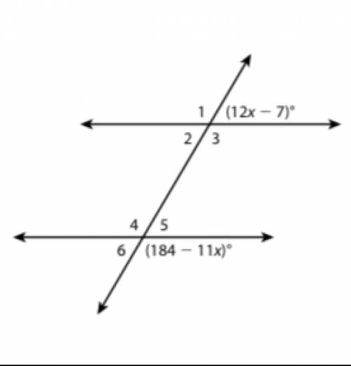 In the diagram below, two parallel lines are intersected by a transversal. The measures of two angle