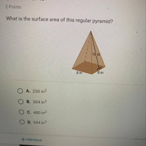 What is the surface area of this regular pyramid? A. 230 in B. 304 in C. 480 in D. 544 in