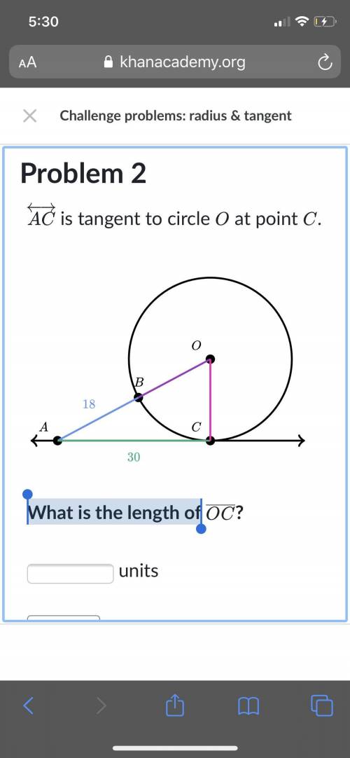 AC is tangent to circle  O at point C. What is the length of OC?