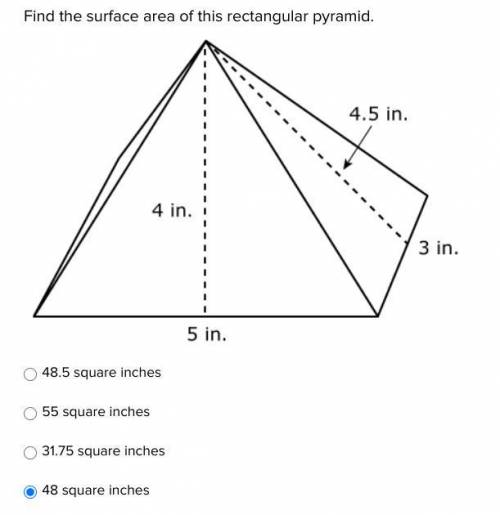 Find the surface area of this rectangular pyramid. 48.5 square inches 55 square inches 31.75 square
