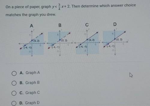 On a piece of paper graph y <3/4x+2 then determine which answer choice matches the graph you drew