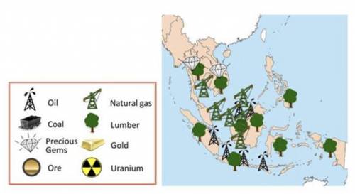According to the map, how many important types of natural resources are located in Southeast Asia? A