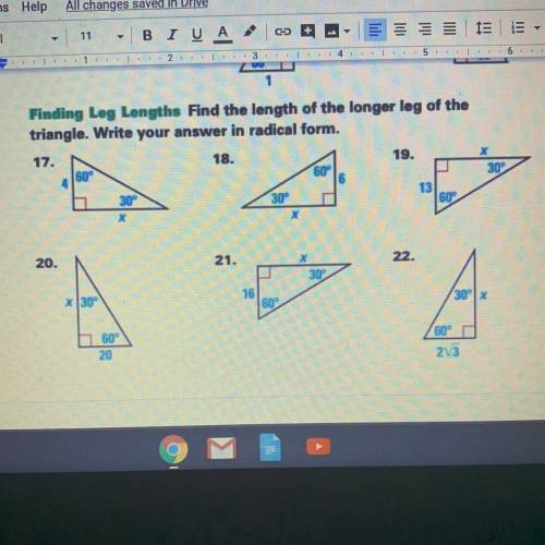 Finding Leg Lengths. Find the length of the longer leg of the triangle. Write your answer in radical