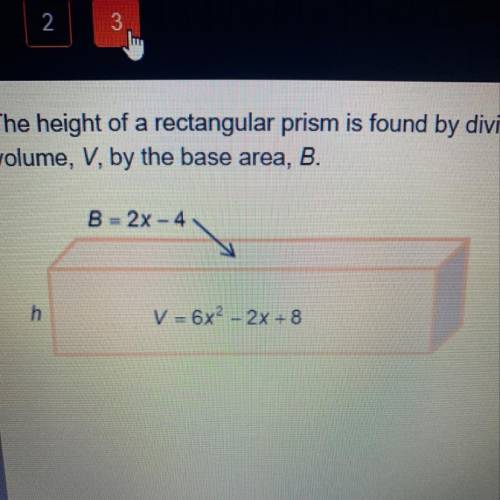 The height of a rectangular prism is found by dividing volume, V, by the base area, B. If the volume