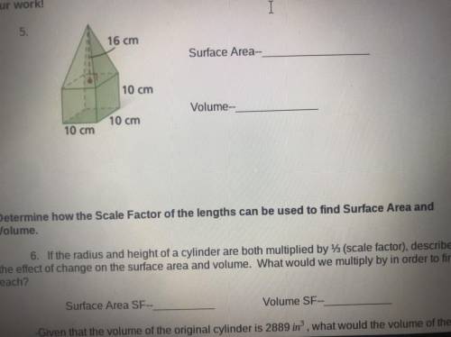 Need help find the surface area and volume of this problem step by step