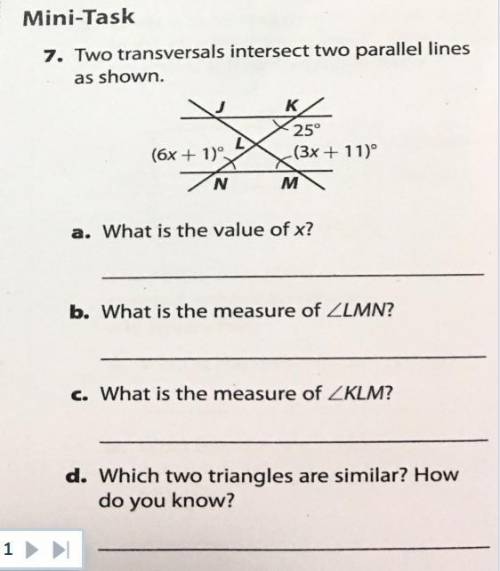Two transversals intersect two parallel lines as shown a.what is the value of x? b.what is the measu