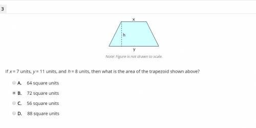 If x = 7 units, y = 11 units, and h = 8 units, then what is the area of the trapezoid shown above? A