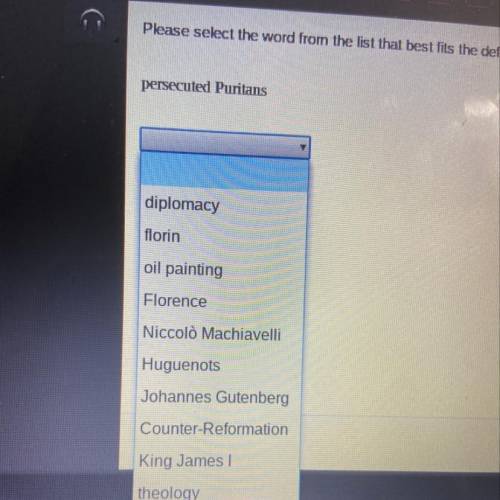 Could someone please help me with this? Persecuted Puritans Is what in the drop down menu?