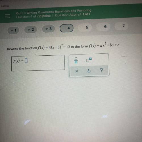 Rewrite the function f(c) =4(x-3)^2-12 in the form f(x)=ax^2+bc+c