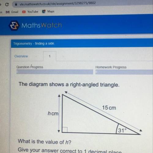 The diagram shows a right-angled triangle. What is the value of h? Give your answer correct to 1 dec
