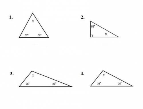 Find the missing angle measure of each triangle.