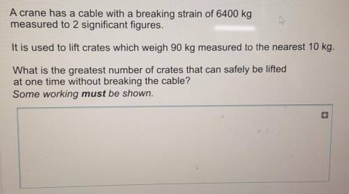 A crane has a cable with a breaking strain of 6400 kgmeasured to 2 significant figures.It is used to