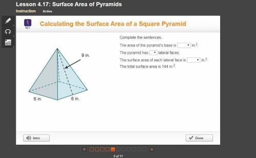 A square pyramid. The square base has side lengths of 6 inches. The 4 triangular sides have a base o