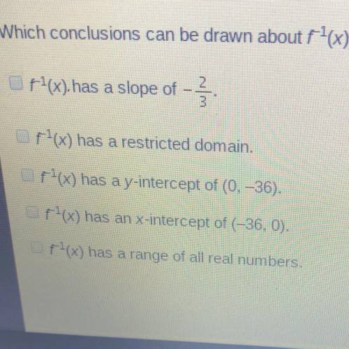 Consider the function. f(x) = -2/3x-24 Which conclusions can be drawn about f^-1(x)? Select two opti