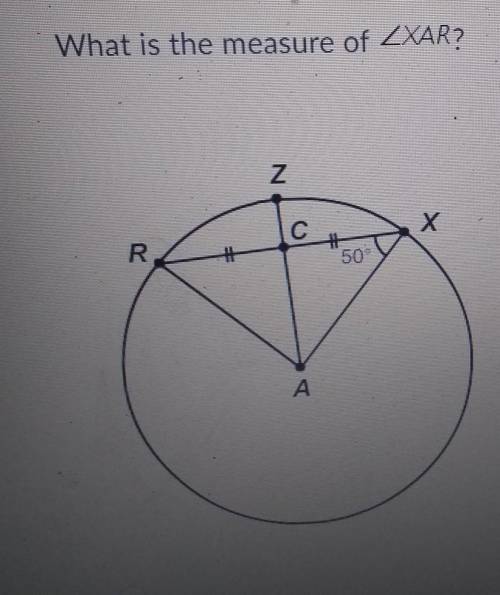 Radius AZ is a perpendicular bisector of chord XR. What is the measure of <XAR?100°90°80°40°