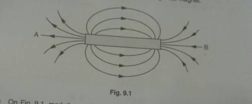 Fig. 9.1(i) On Fig. 9.1, mark the north and south poles of the magnet, using the letters N and S.[2]
