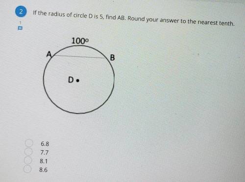 If the radius of circle D is 5, find AB. Round your answer to the nearest tenth.6.87.78.18.6