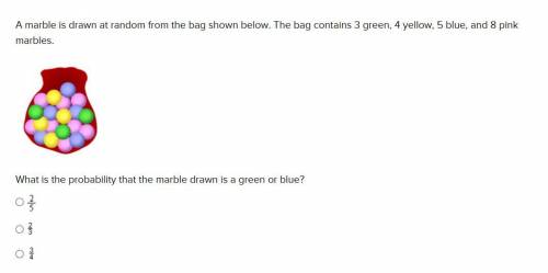 A marble is drawn at random from the bag shown below. The bag contains 3 green, 4 yellow, 5 blue, an