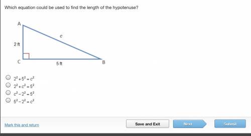 Which equation could be used to find the length of the hypotenuse? Triangle A B C. Side A C is 2 fee
