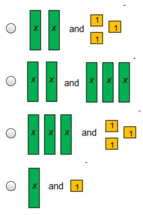 The model below represents an equation.  Which represent like terms in the model of the equation?