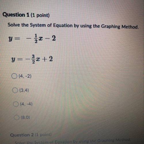 Question 1 (1 point) Solve the System of Equation by using the Graphing Method. y= - 12 - 2 y=-x+ 2