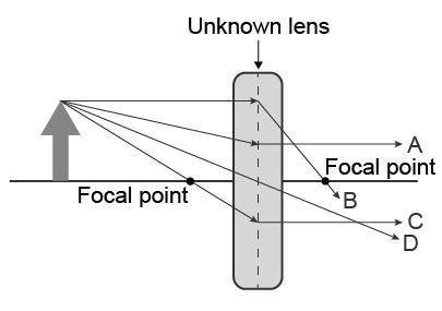 The picture shows rays passing through an unknown lens.Which ray would appear on a ray diagram for b