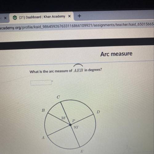 What is the arc measure of AEB in degrees ?