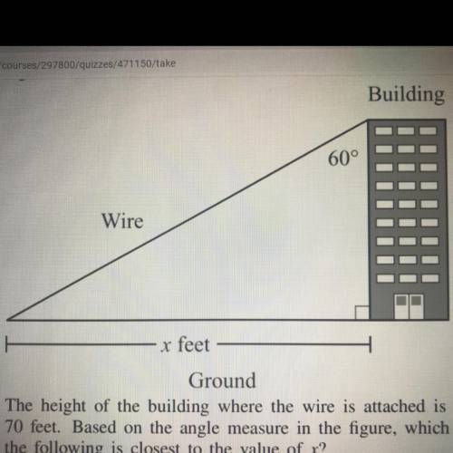 The height of the building where the wire is attached is 70 feet. Based on the angle measure in the