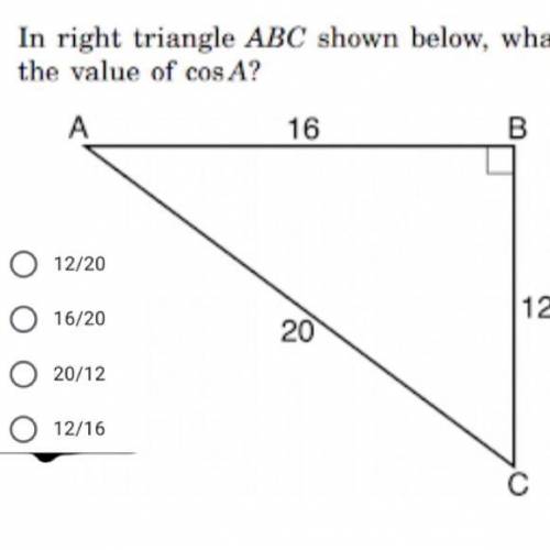 IN THE RIGHT TRIANGLE ABC IS SHOWN BELOW WHAG IS THE VALUE OF COSA