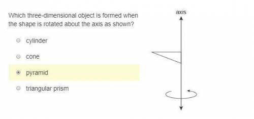 Which three-dimensional object is formed when the shape is rotated about the axis as shown? cylinder