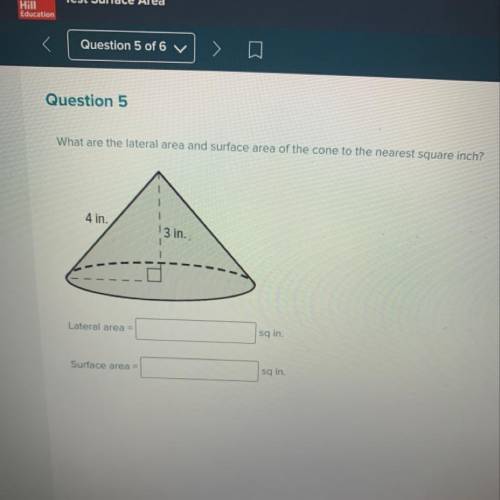 What are the lateral area and surface area of the cone to the nearest square inch? I need help ASAP