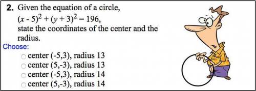 Given the equation of a circle,  (x - 5)^2 + (y + 3)^2 = 196,  state the coordinates of the center a