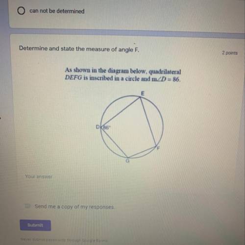 Determine and state the measure of angle F