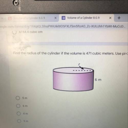 Find the radius of the cylinder if the volume is 471 cubic meters. Use pi=3.14