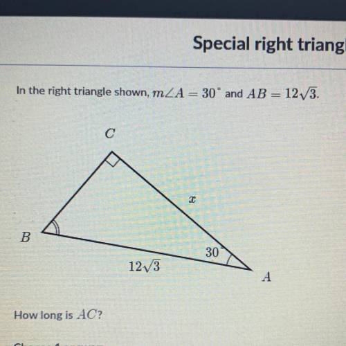 In the right triangle shown, mZA = 30° and BC = 6/2. How long is AC?