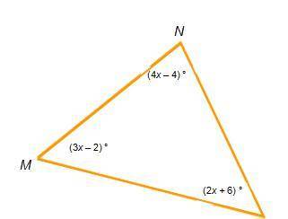 In Triangle AngleMNP, what is the measure of Angle N?1) 20 degrees2) 46 degrees3) 64 degrees4) 76 de