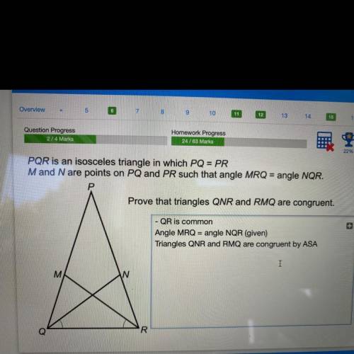 PQR is an isosceles triangle which PQ = PR M and N are points on PQ and PR such that angle MRQ = ang