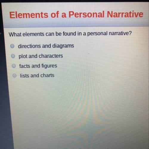 What elements can be found in a personal narrative? A. directions and diagrams B. plot and character