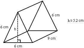 The figure shown below is a right prism with triangular bases. The sides of its bases are each 6 cen