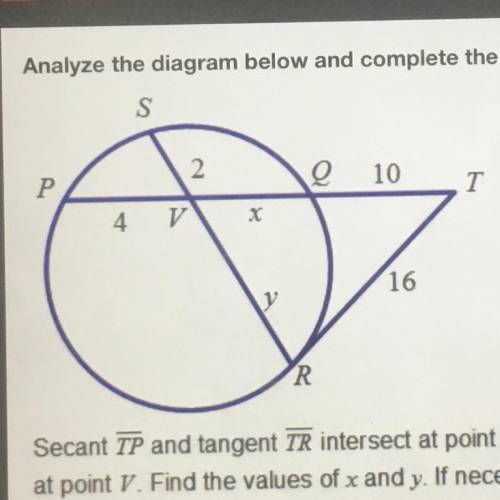 Secant TP and tangent TR intersect at point 7. Chord SR and chord PQ intersect at point V. Find the
