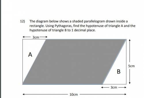 The diagram below shows a shaded parallelogram drawn inside a rectangle. Using Pythagoras, find the