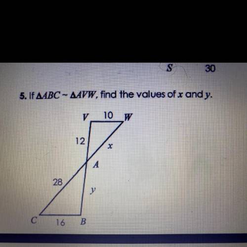 If triangle abc is similar to triangle avw fine the values of x and y i need helppp ASAP