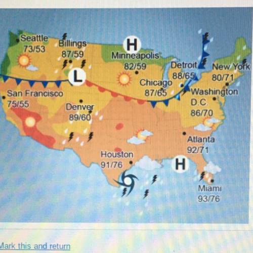 Examine the weather map. What do the numbers on the map represent? A) air pressure  B) temperatures