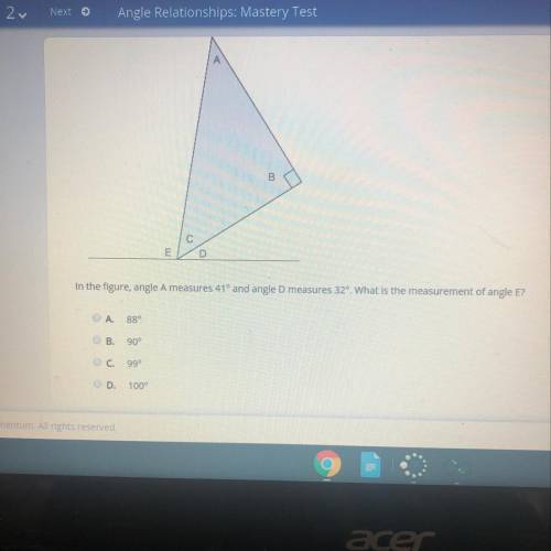 In the figure angle a measures 41 degrees and angle d measures 32. What is the measurement of angle