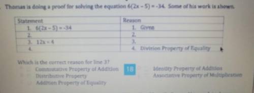 Thomas is doing a proof for solving the equation 6(2x-5)=-34. (see image)